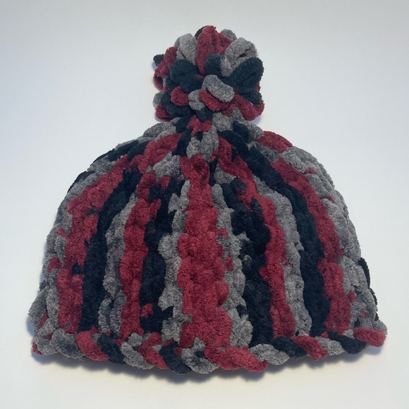 Handmade Women’s/Junior’s Winter Hat With Loopy Pom-Pom- Cranberry, Gray & Black - Picture 3 of 9
